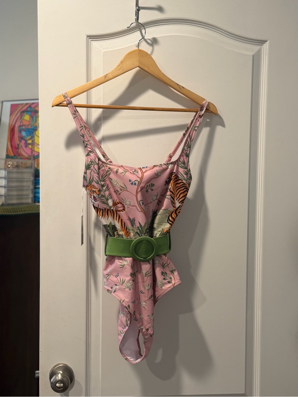 Pink Floral & Tiger Print One-Piece Averie Bathing Suit with Green Belt